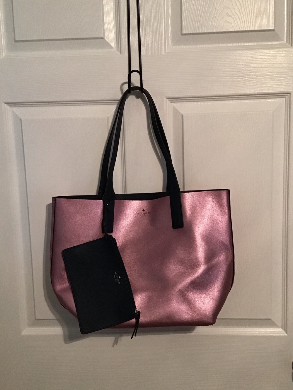 kate spade Metallic Pink Tote with Navy Handles and Pouch